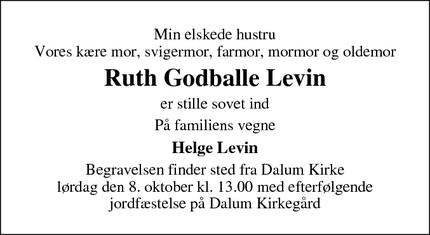 Dødsannoncen for Ruth Godballe Levin - Odense S