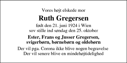 Dødsannoncen for Ruth Gregersen - Frederiksberg C