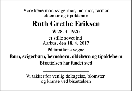 Dødsannoncen for Ruth Grethe Eriksen - Aarhus