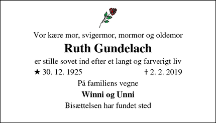 Dødsannoncen for Ruth Gundelach - Harlev