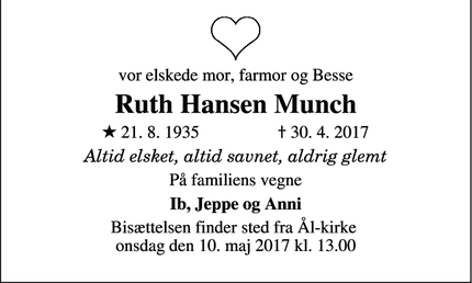 Dødsannoncen for Ruth Hansen Munch - Oksbøl