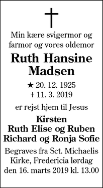 Dødsannoncen for Ruth Hansine Madsen - Agerskov
