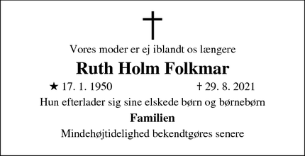 Dødsannoncen for Ruth Holm Folkmar - Præstø