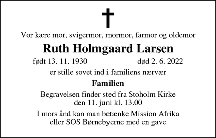 Dødsannoncen for Ruth Holmgaard Larsen - København N