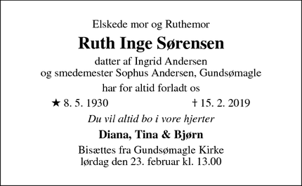 Dødsannoncen for Ruth Inge Sørensen - Nærum