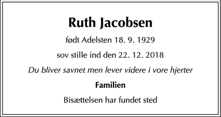 Dødsannoncen for Ruth Jacobsen - Kokkedal