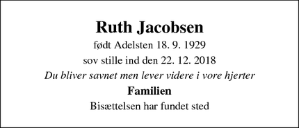 Dødsannoncen for Ruth Jacobsen - Kokkedal