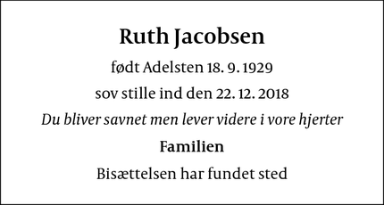 Dødsannoncen for Ruth Jacobsen - Kokkedal