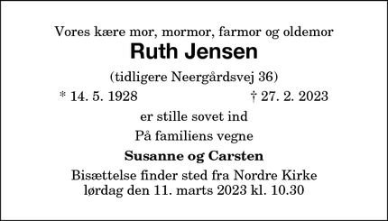 Dødsannoncen for Ruth Jensen - hvidovre
