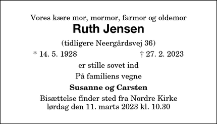 Dødsannoncen for Ruth Jensen - hvidovre