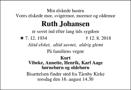 Dødsannoncen for Ruth Johansen - Tårnby