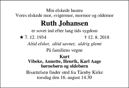 Dødsannoncen for Ruth Johansen - Tårnby