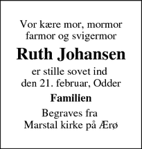 Dødsannoncen for Ruth Johansen - Odder