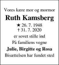 Dødsannoncen for Ruth Kamsberg - Haslev