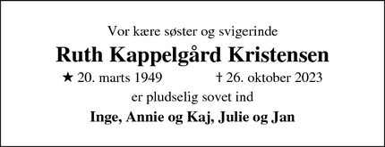 Dødsannoncen for Ruth Kappelgård Kristensen - Sundby Mors