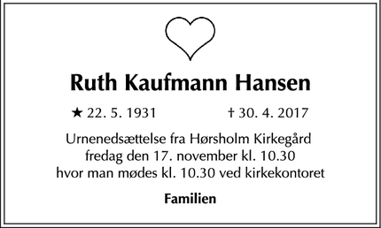 Dødsannoncen for Ruth Kaufmann Hansen   - København