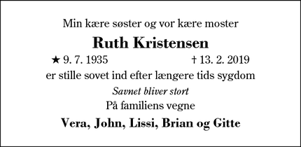 Dødsannoncen for Ruth Kristensen - Herning
