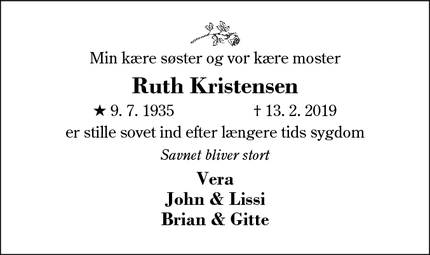 Dødsannoncen for Ruth Kristensen - Herning