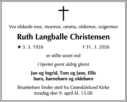 Dødsannoncen for Ruth Langballe Christensen - Herlev