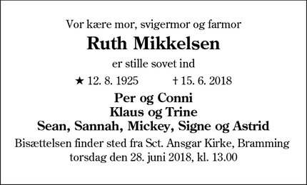 Dødsannoncen for Ruth Mikkelsen - Bramming