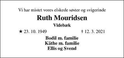 Dødsannoncen for Ruth Mouridsen - 7700 Thisted