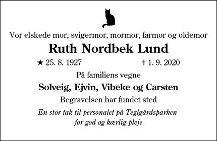 Dødsannoncen for Ruth Nordbek Lund  - Kolding