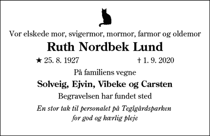 Dødsannoncen for Ruth Nordbek Lund - Kolding
