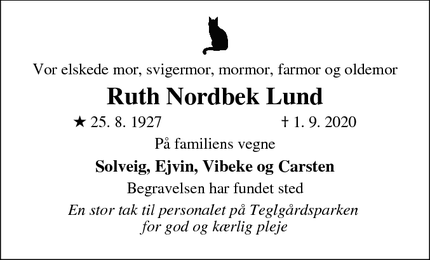 Dødsannoncen for Ruth Nordbek Lund - Kolding