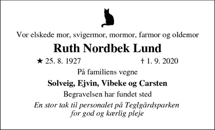 Dødsannoncen for Ruth Nordbek Lund  - Kolding