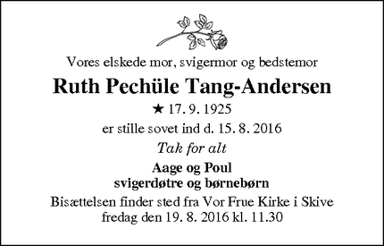 Dødsannoncen for Ruth Pechüle Tang-Andersen - Skive