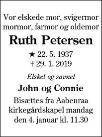 Dødsannoncen for Ruth Petersen - Aabenraa