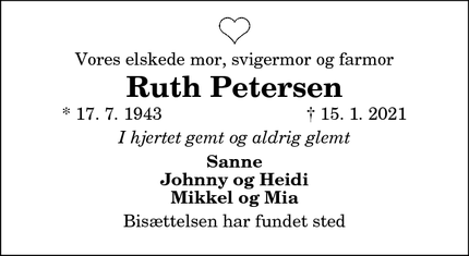 Dødsannoncen for Ruth Petersen - Frederikshavn