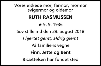 Dødsannoncen for Ruth Rasmussen - Hvidovre