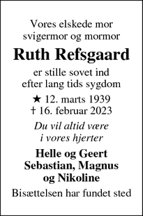 Dødsannoncen for Ruth Refsgaard - Birkerød