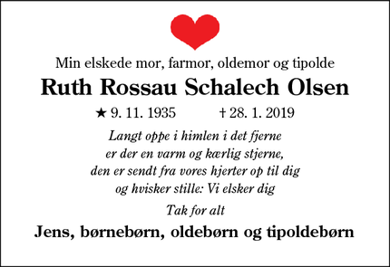 Dødsannoncen for Ruth Rossau Schalech Olsen - Kolding