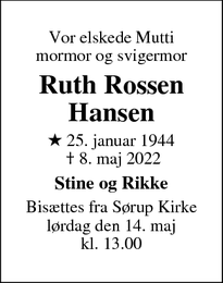 Dødsannoncen for Ruth Rossen
Hansen - Svendborg