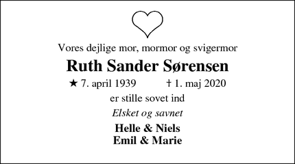 Dødsannoncen for Ruth Sander Sørensen - Gilleleje