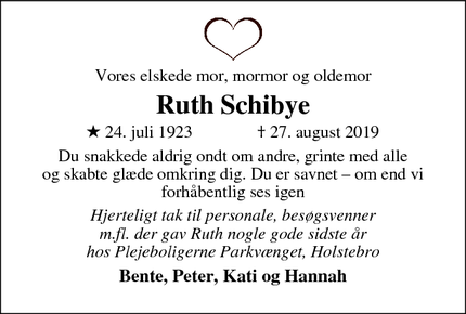 Dødsannoncen for Ruth Schibye - Holstebro