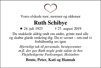 Dødsannoncen for Ruth Schibye - Holstebro