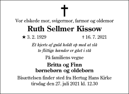 Dødsannoncen for Ruth Sellmer Kissow - Haderslev