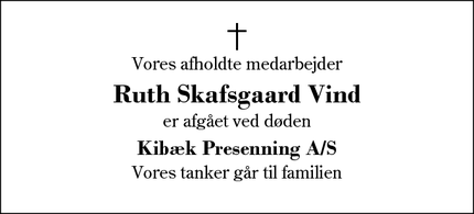 Dødsannoncen for Ruth Skafsgaard Vind - Herning