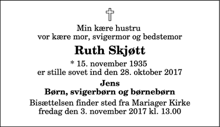 Dødsannoncen for Ruth Skjøtt - Mariager