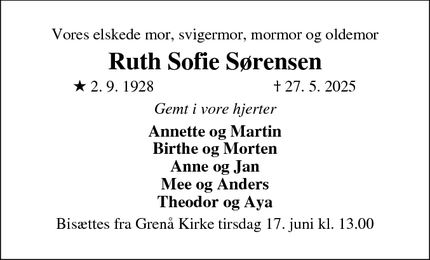 Dødsannoncen for Ruth Sofie Sørensen - Nesbyen