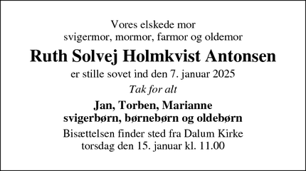 Dødsannoncen for Ruth Solvej Holmkvist Antonsen - Odense
