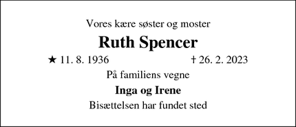 Dødsannoncen for Ruth Spencer - Hillerød
