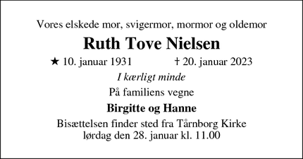Dødsannoncen for Ruth Tove Nielsen - Slagelse