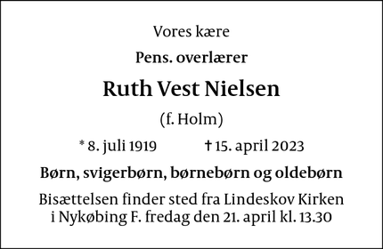 Dødsannoncen for Ruth Vest Nielsen - Nykøbing F