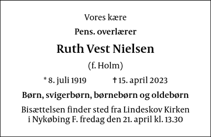 Dødsannoncen for Ruth Vest Nielsen - Nykøbing F