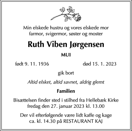 Dødsannoncen for Ruth Viben Jørgensen - Helsingør