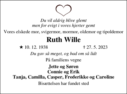 Dødsannoncen for Ruth Wille - Aabenraa